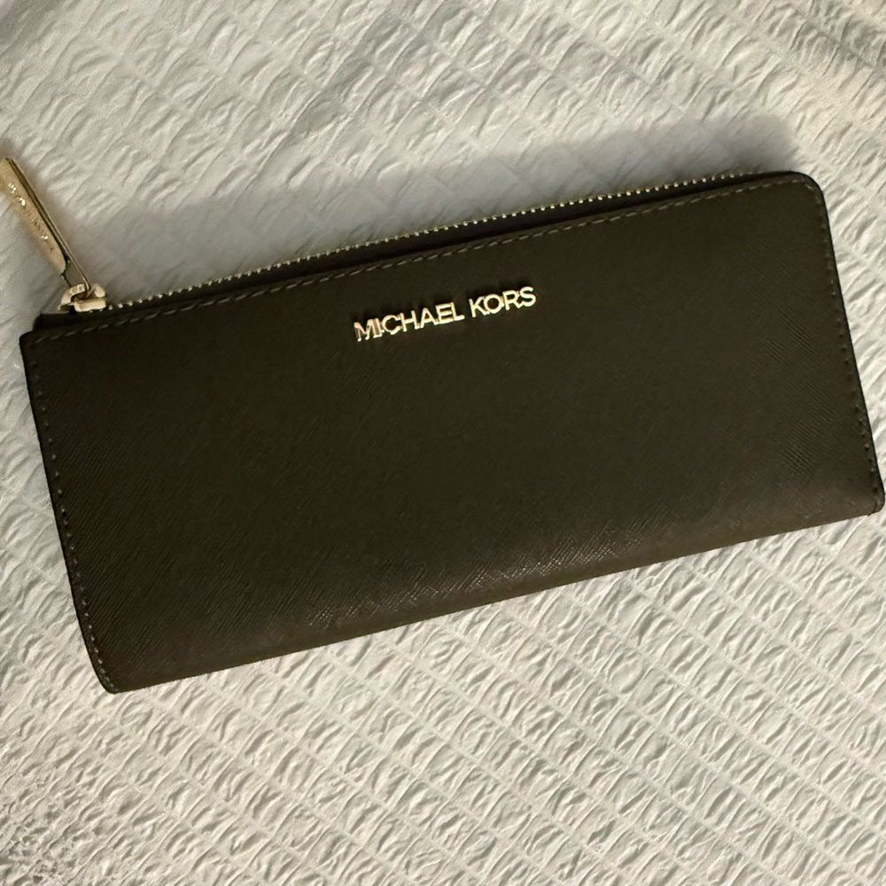 Michael Kors Olive Saffiano Zip-Around Wallet with Gold Logo